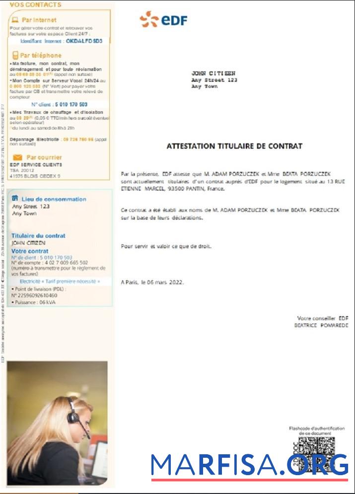 Printable France EDF attestation de contrat template